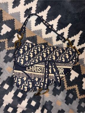Dior Navy & Cream Oblique Saddle Bag with Brass Hardware